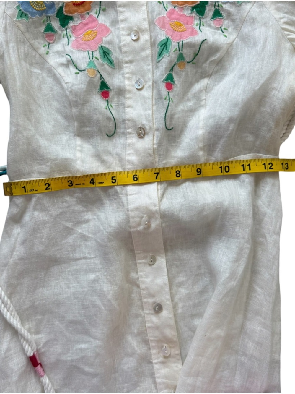 Zimmermann Floral Embroidered Linen Vyshyvanka Dress Bubble Sleeve Belted 0P - Picture 6 of 11